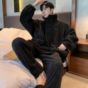Pajamas Men's Autumn and Winter Coral Fleece Thickened Warm Youth Flannel Outwear Casual Home Clothes suit