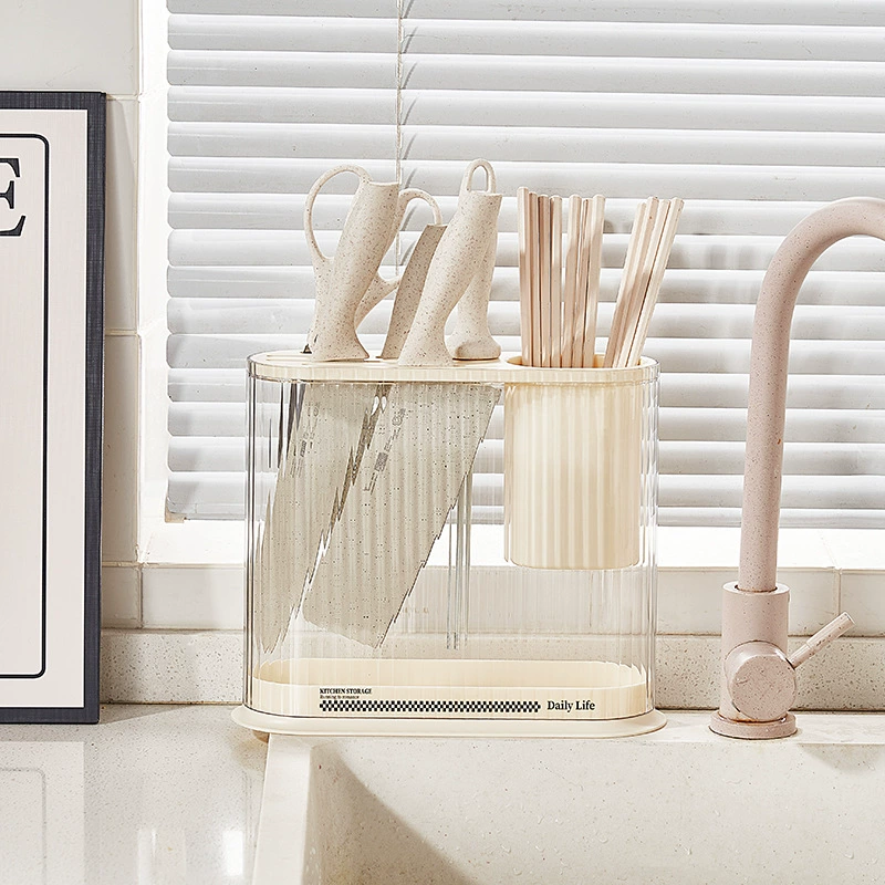Kitchen storage organizer, cream knife and cutting‑board holder, compact plastic multi‑function