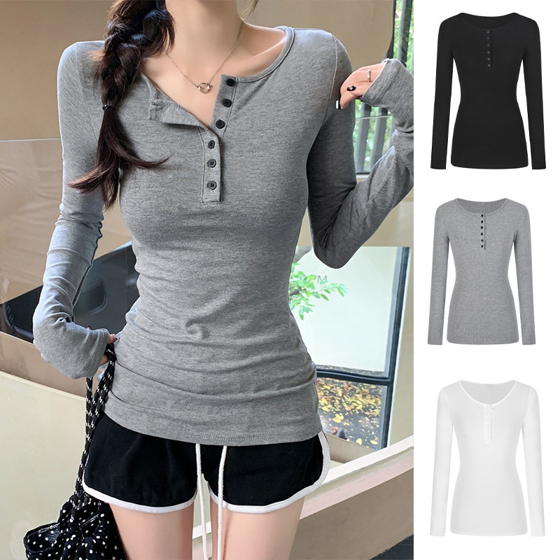 New Spring & Fall Bottoming Shirt Design Half Open Collar Top Pinch Waist Mid-Length Ins Sexy Slim Long-Sleeved T-Shirt