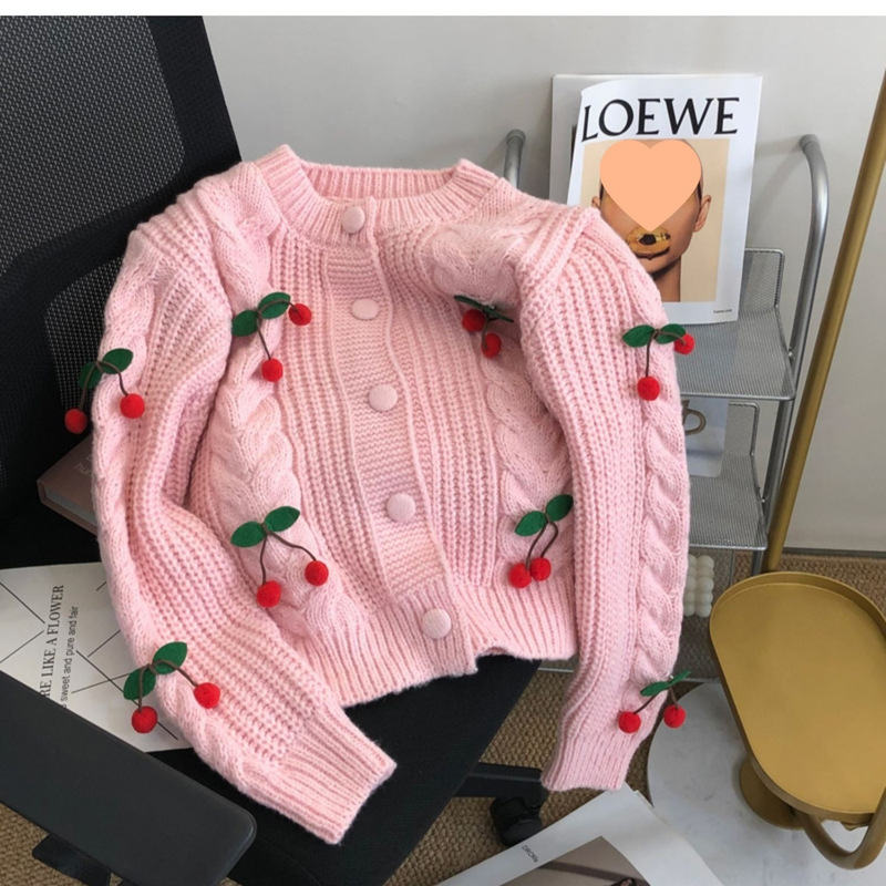 Cherry Lazy Style Age-Reducing Autumn-Winter Loose Thick New Short Cardigan Sweater for Women Sweet Knit for Girls