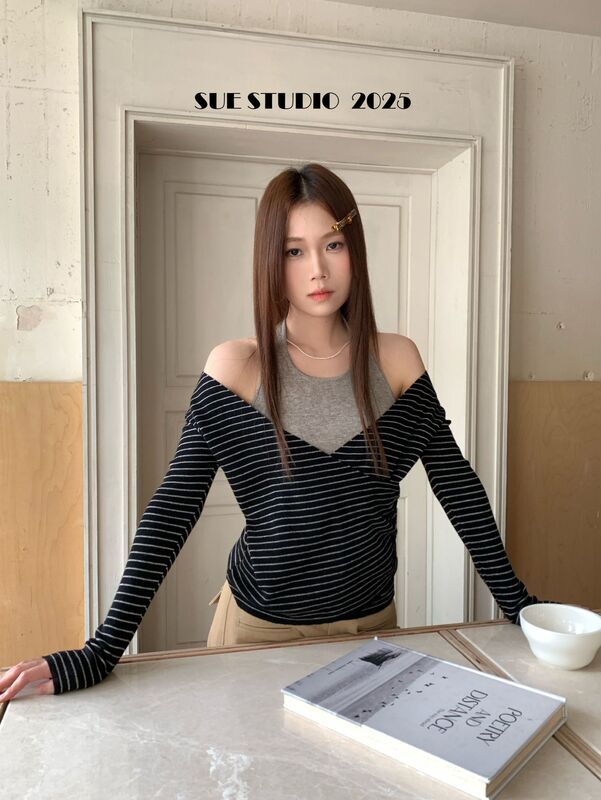 SUE辣妹风假两件挂脖长袖针织衫女秋季新款撞色条纹显瘦上衣37119|undefined