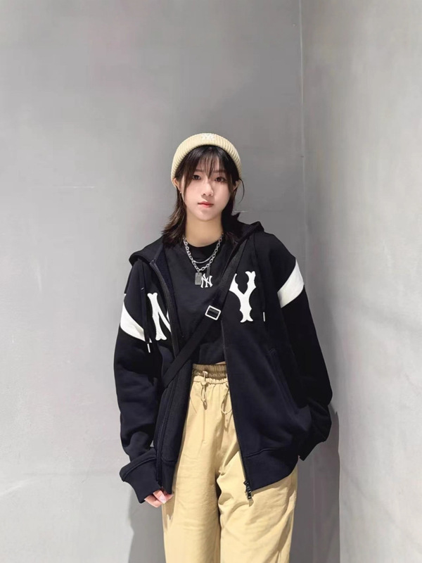 潮牌MLB秋冬新款立体绣花连帽开衫拉链宽松休闲男女同款卫衣外套|undefined