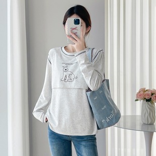 8639 Spring and Autumn Base Shirt Women's regular Skin-friendly Nursing Outer Wearing Top Women's Crewneck Breast-feeding with Chest Pad