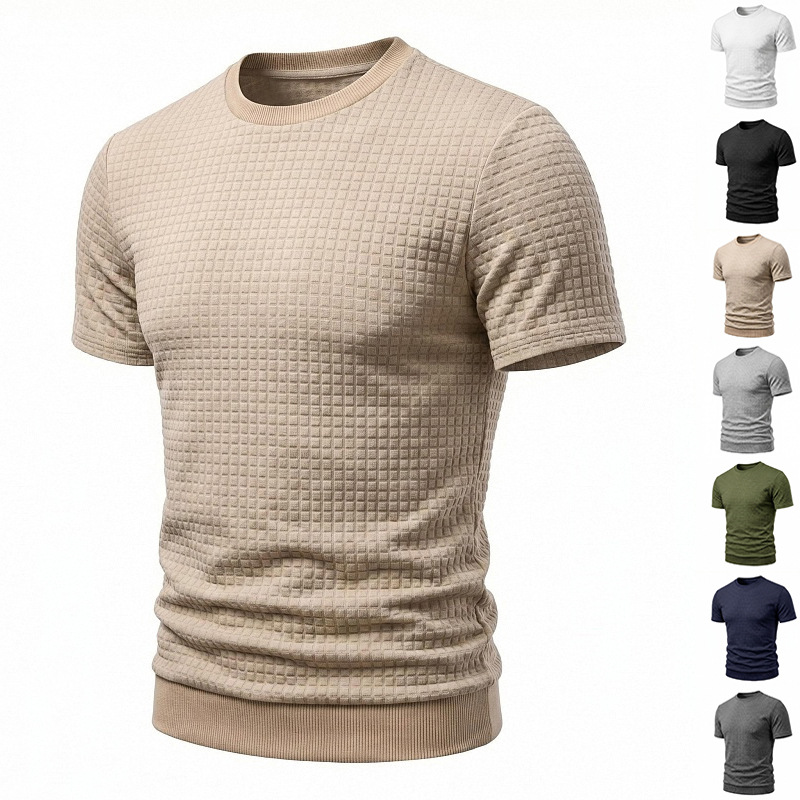 2024 transfronteriza nueva estación independiente primavera y verano de los hombres de Amazon pequeña camiseta a cuadros cuello redondo casual top de moda