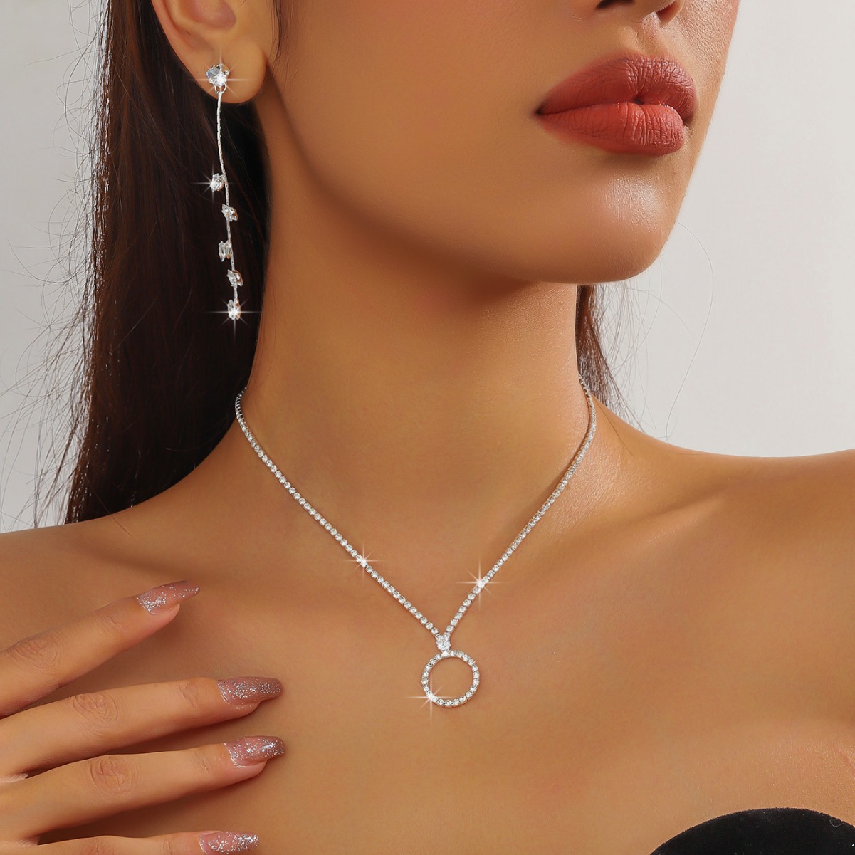 Strass Halskette Mit Zirkon Anhänger Für Damen Schmuckset_voghion.com