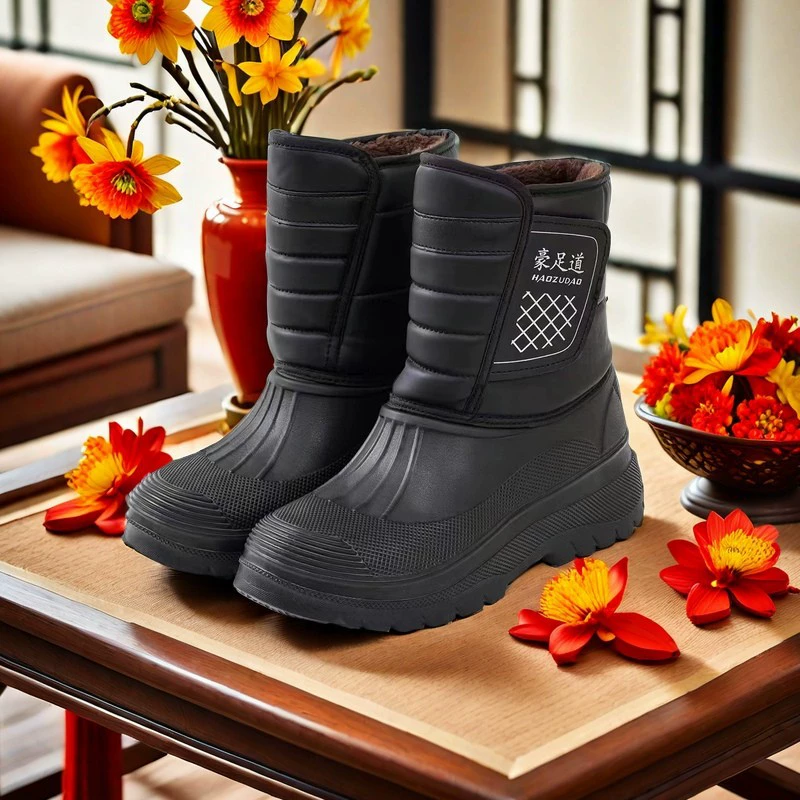 Зимние новые утолщенные северо-восточные снежные сапоги мужские нескользящие толстые подошвы легкая бархатная водонепроницаемая средняя труба хлопчатобумажные сапоги женские хлопчатобумажные сапоги