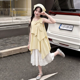 女童无袖连衣裙2026夏季新款大童韩系时髦假两件甜美度假风背心裙