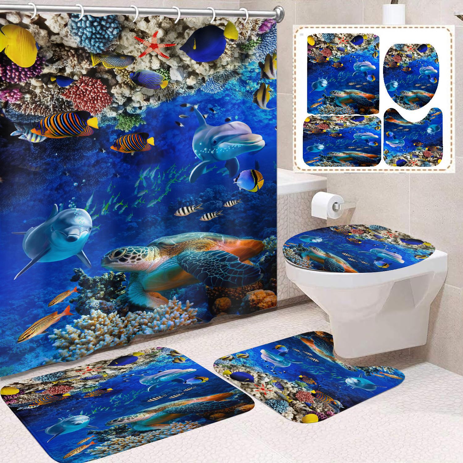 Cortina de ducha transfronteriza con diseño de delfines azules, estampada digitalmente, de poliéster, sin perforaciones, para baño, decoración del hogar image 7
