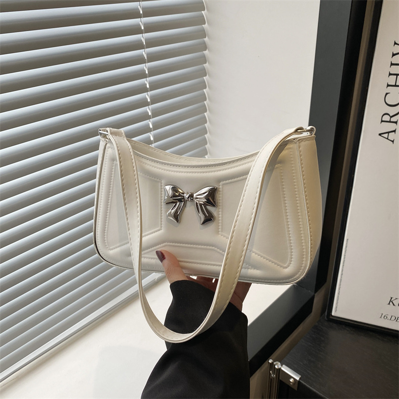 New Trendy Elegant Versatile Simple Fashion Commuter Women's Single Shoulder Handbag Underarm Bag With Bow Decoration_voghion.com