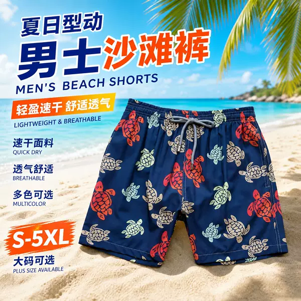 Cross-Border Small Turtle Beach Shorts European and American Men's Casual Vacation Surfing Shorts Foreign Trade Large Size Summer Casual Shorts