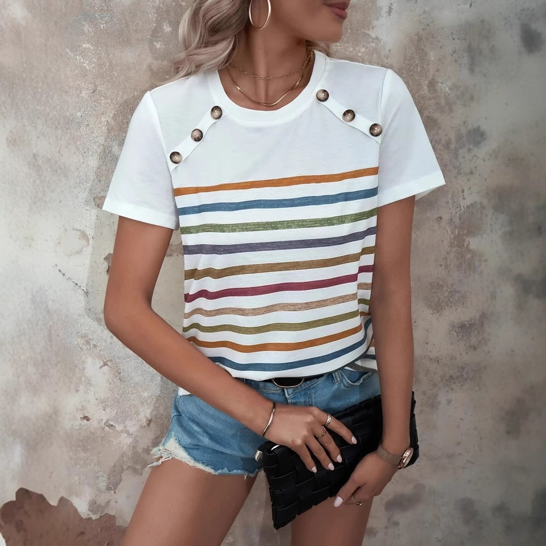 Blusa Casual de Verano para Mujer, Estilo Europeo y Americano, con Estampado de Rayas y Botones, Manga Corta, Nueva Colección 2026
