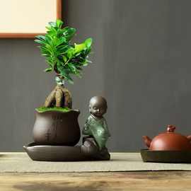 紫砂陶瓷新款小和尚禅意花盆文竹苔藓球盆栽客厅桌面摆件