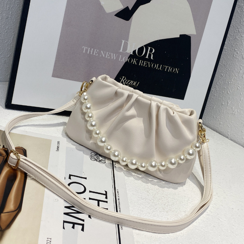 2026 New Cloud Pleated Bag for Work and Commuting, Baguette Underarm Bag with a High-End Feel, Pearl Handbag, Shoulder and Crossbody Bag