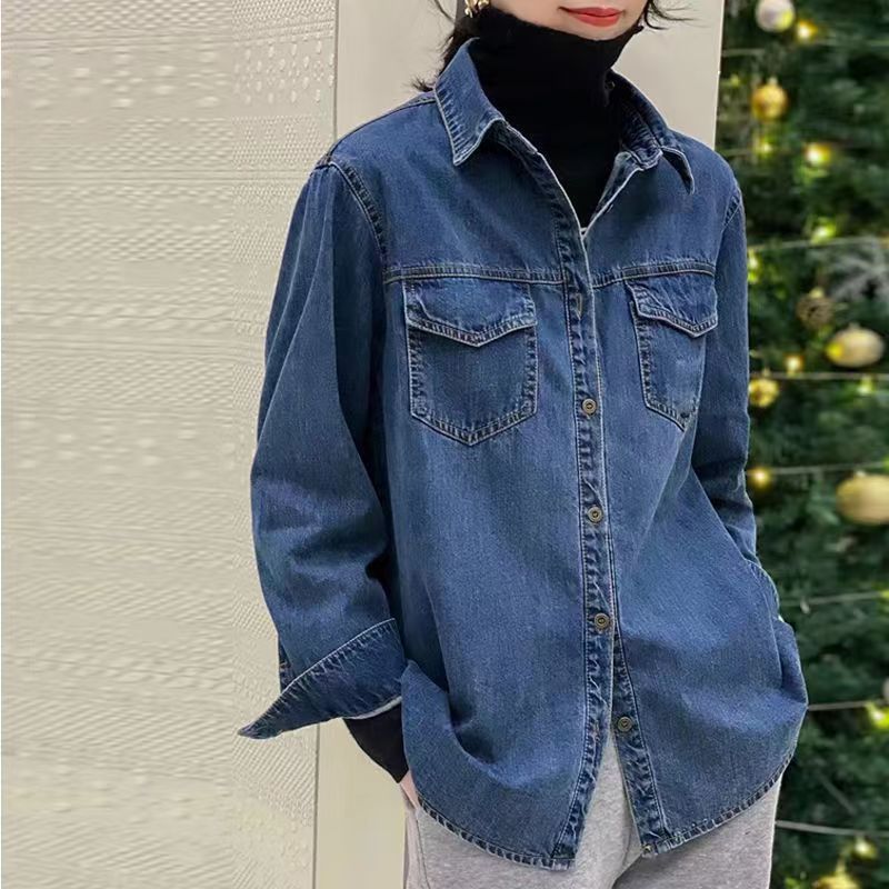 2025春秋新款牛仔衬衣宽松打底复古长袖叠穿衬衫外套欧货上衣女