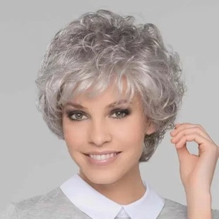 Gray Elderly Women's Wig Short Curly Hair Fashionable Grandma Wig Fluffy Short Curly Hair European and American Short Hair Wig