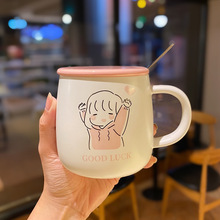 韩版可爱涂鸦情侣陶瓷杯带盖喝水杯子马克杯家用大号带盖插画