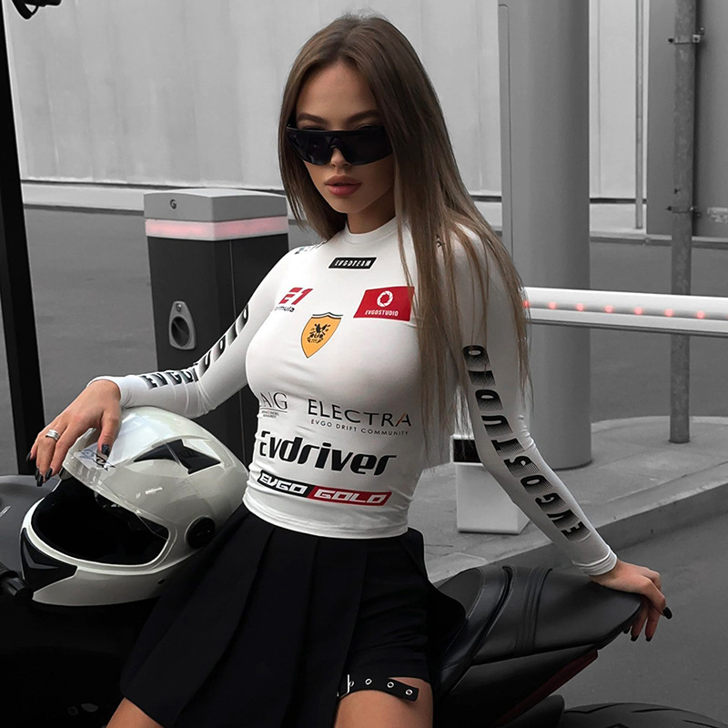 Europe and the United States cross-border street wind cool motorcycle wind letter printed top trend round neck pullover tight autumn and winter new