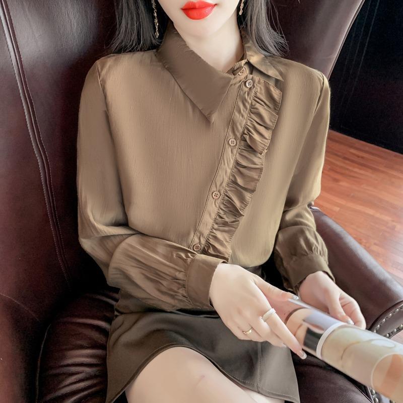 欧货荷叶边长袖衬衫女新款2025年秋款时尚小衫不规则设计感上衣服|undefined