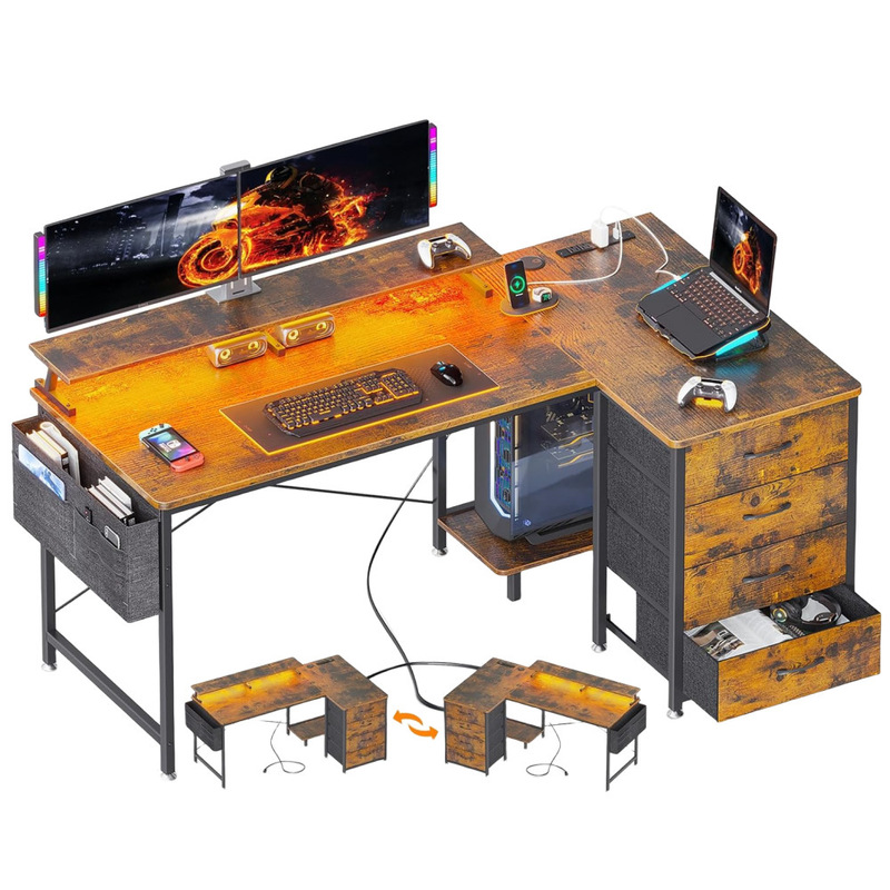 55inch Reversible L-Shaped Computer Desk with 4-Layer Non-Woven Drawer with Led Light USB Socket Gaming Desk