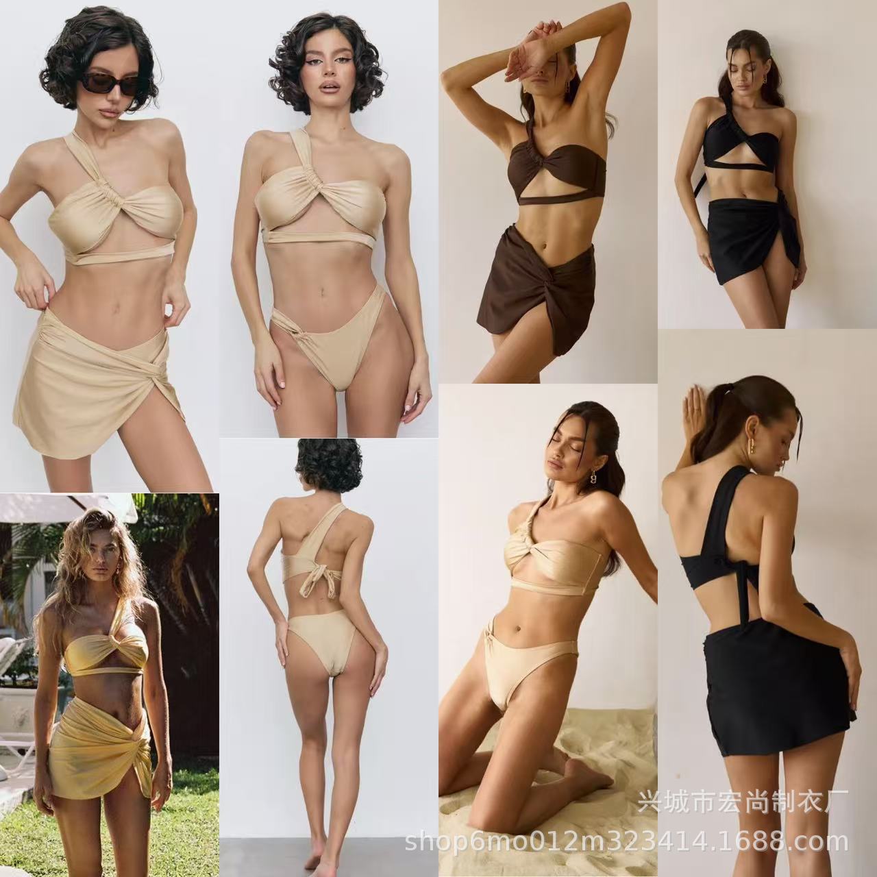 European and American High-End Champagne Gold Shimmer Fabric Bikini One-Shoulder Twist Tie Swimsuit 2026 Ins Hot-Selling Swimsuit