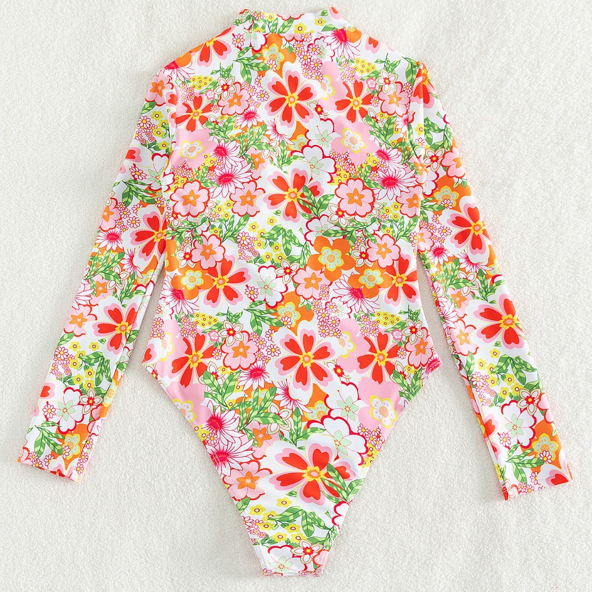 Women's Floral Print One Piece Swimsuit Long Sleeve Zipper Wetsuit Pink American Style Fashionable Bikini_ecoleips.com