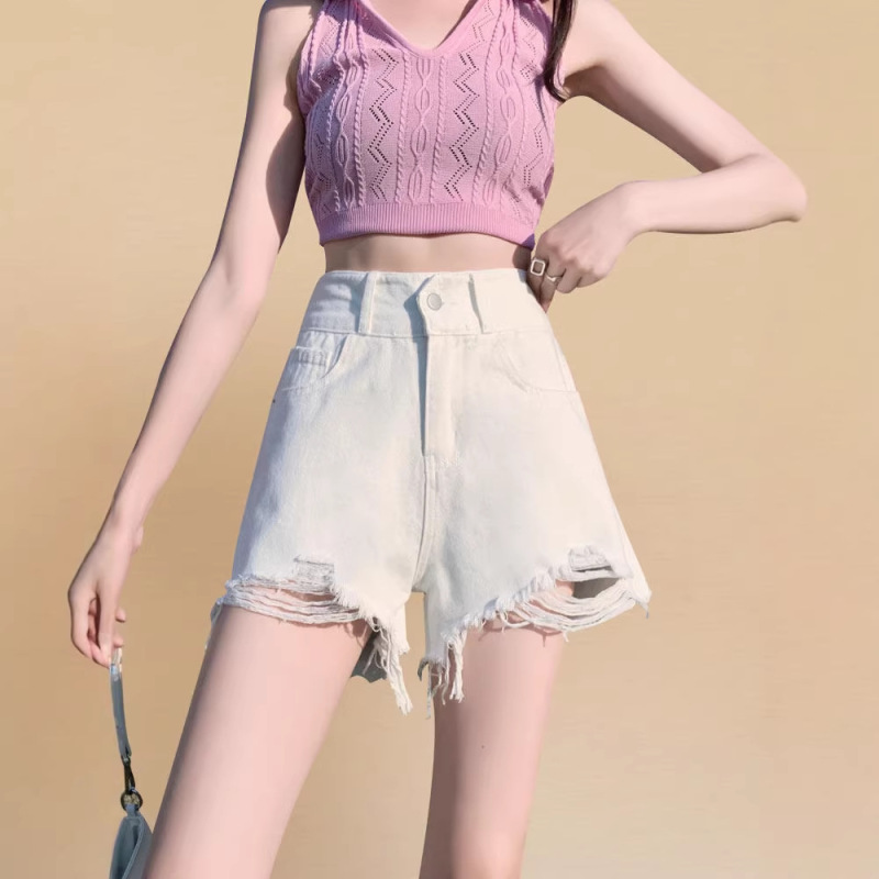La Chapelle Light-Colored Ripped Denim Shorts for Women, New Summer Dopamine Style, High-Waisted, Slimming Hot Pants
