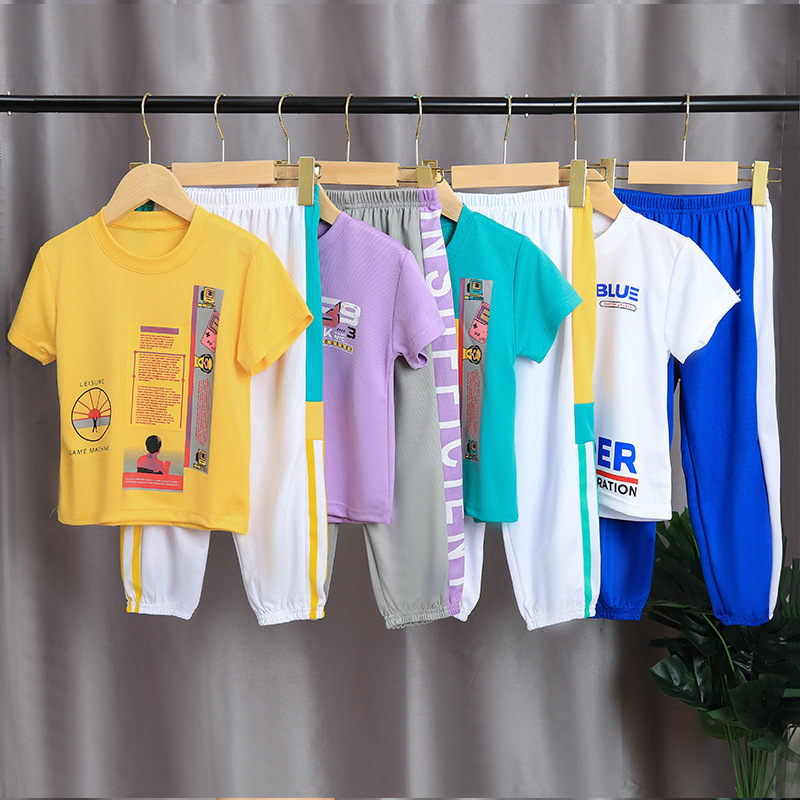 儿童夏装套装韩版洋气女孩短袖上衣男童女童长裤两件套运动衣服潮|ms