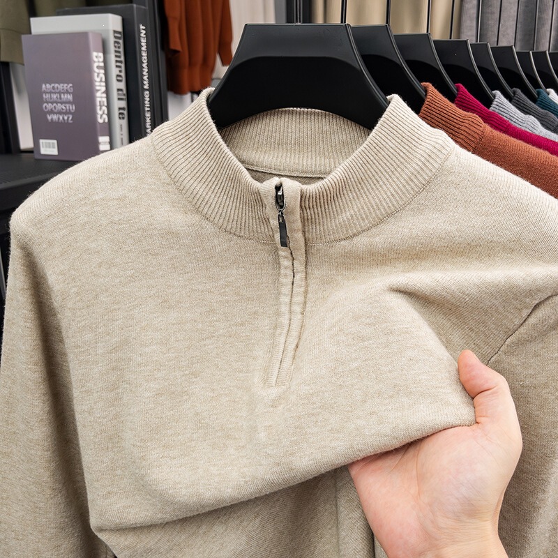 Winter New Style Half-Turtleneck Wool Sweater for Men, Half-Zip Solid Color Warm Knit Pullover, Skin-Friendly Base Layer
