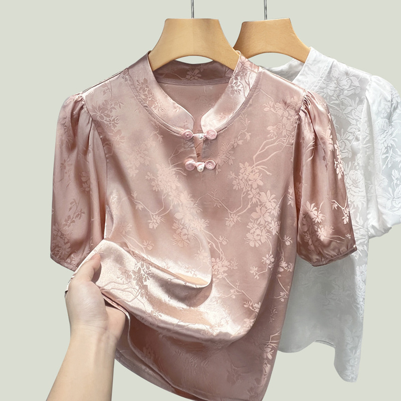 Nueva camisa china de collar vertical verano 2025 nuevo estilo nacional camisa de chiffon de manga corta camisa jacquard satén mujer