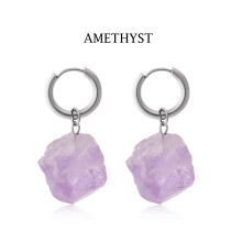 天然石水晶耳环 不锈钢原石紫晶石头耳环 几何耳圈女士欧美耳饰