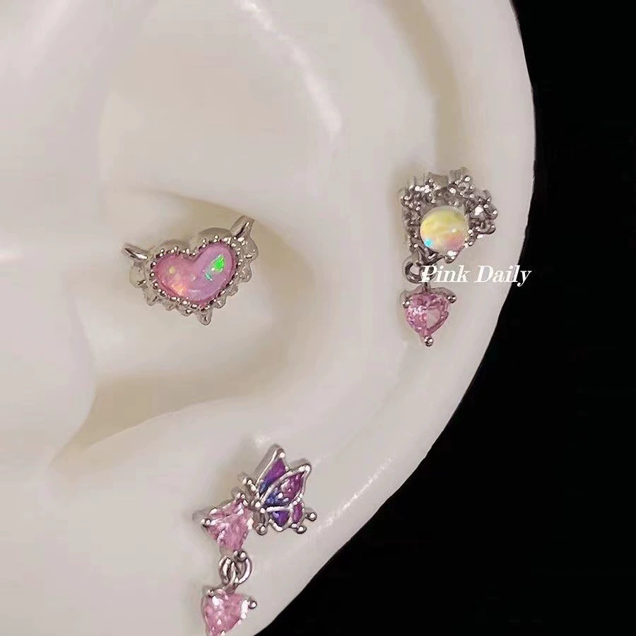 Серьги винтовые Pink Daily, титановая сталь, розовое опаловое сердце, бабочка и «кошачий глаз»