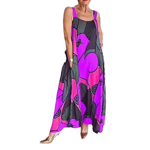 Summer European and American Women's Fashion Bestselling Casual Style Sleeveless Pocket Strappy Geometric Print Dress