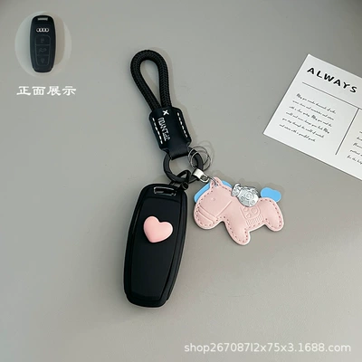 Car key bag Holder, A5 Case, Q3 for Men, 2023 - type-d-skin-feeling-black-pink-heart-sticker-black-leather-headband-pink-money-horse