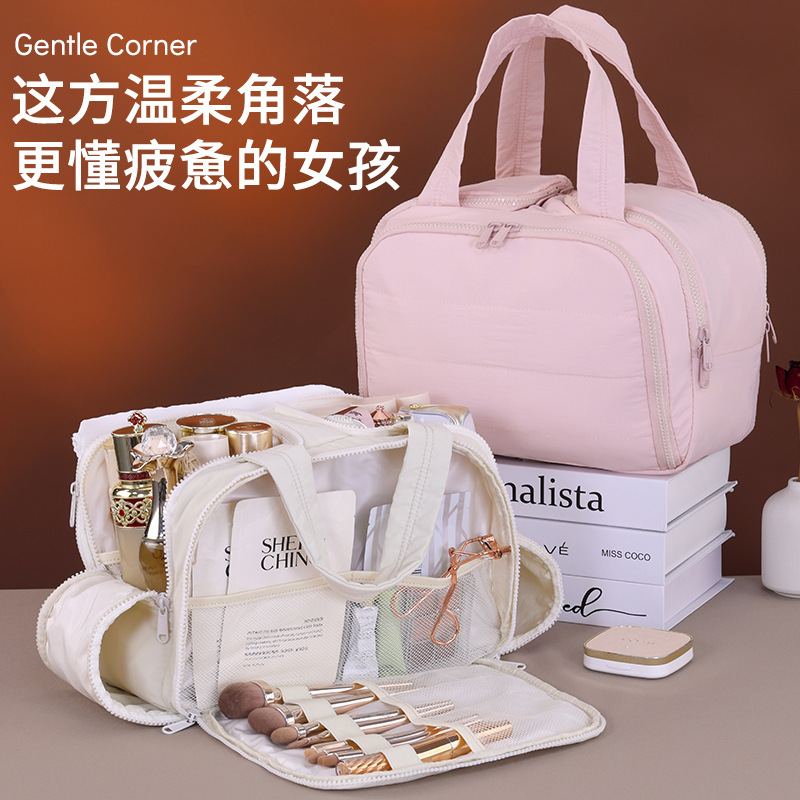 ダブルジッパー、4つの開口部、トロリーケース、大型化粧品バッグ、パーティション収納、化粧ブラシ収納バッグ、トイレタリーバッグ|undefined
