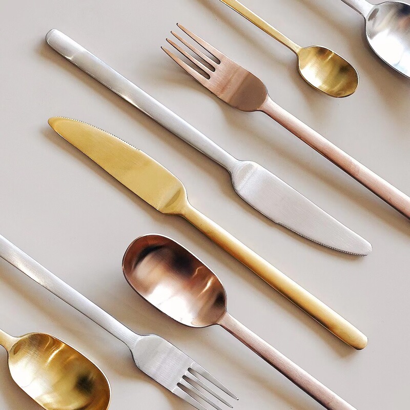 Allen Black Gold Stainless Steel Steak Knife and Fork Set Hotel Western Tableware Old Vintage Matte Rose Gold Spoon