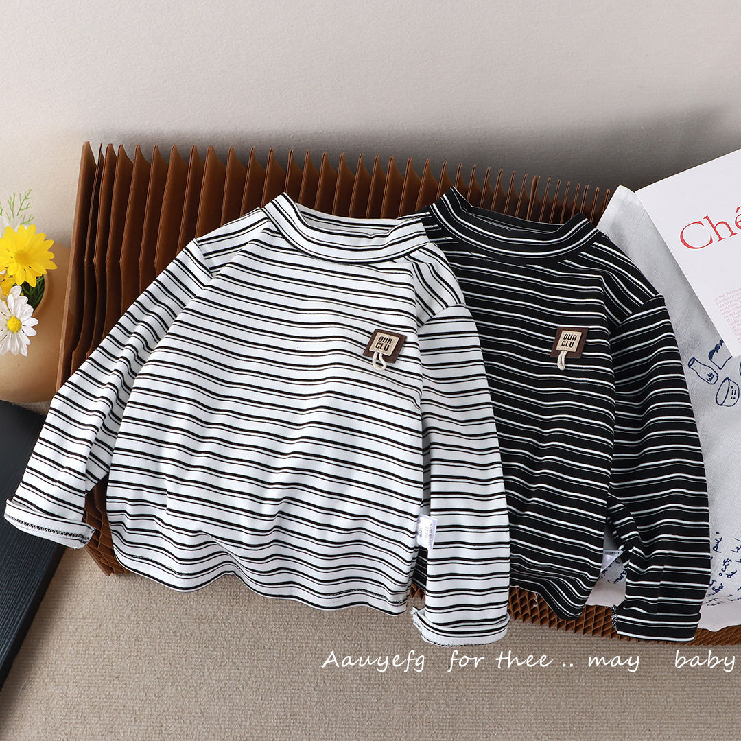 儿童打底衣秋季新款长袖男女中大童条纹洋气圆领时尚韩版内搭上衣