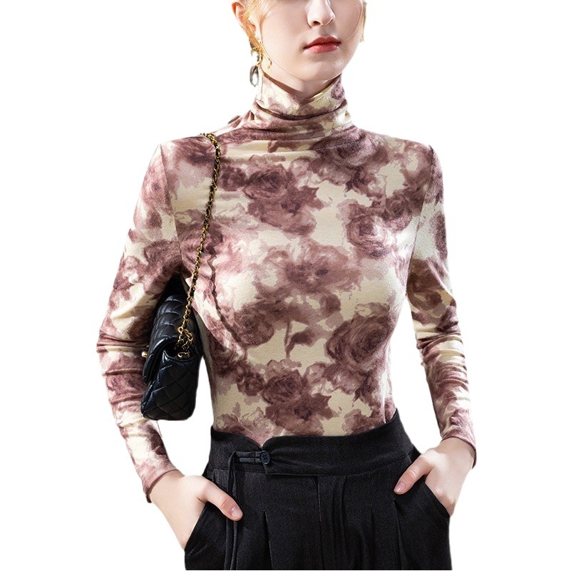 Camisa de fondo de cuello alto para mujer 2023 nueva camiseta de manga larga estampada Vintage para mujer europea temperamento Cintura interior superior ajustada