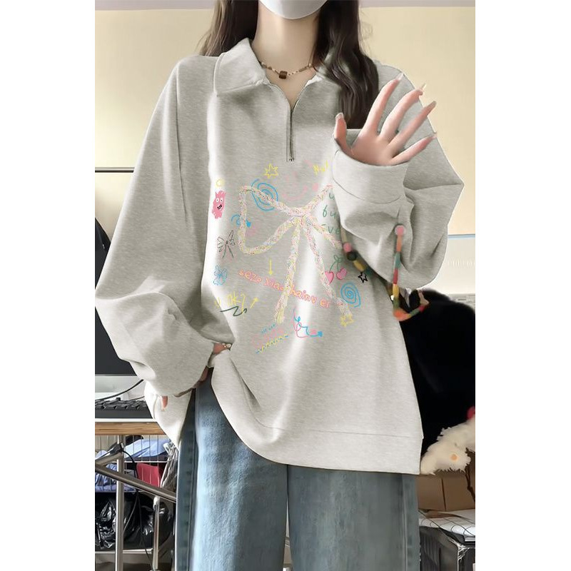polo领卫衣女春秋新款oversize设计感小众蝴蝶结慵懒风半拉链上衣|undefined