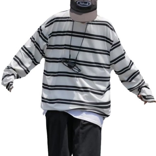 Retro Instagram Striped Long-Sleeve T-Shirt for Men, Loose Fit, Hong Kong Style, Japanese Inspired, Casual Basic Top, Crew Neck T-Shirt