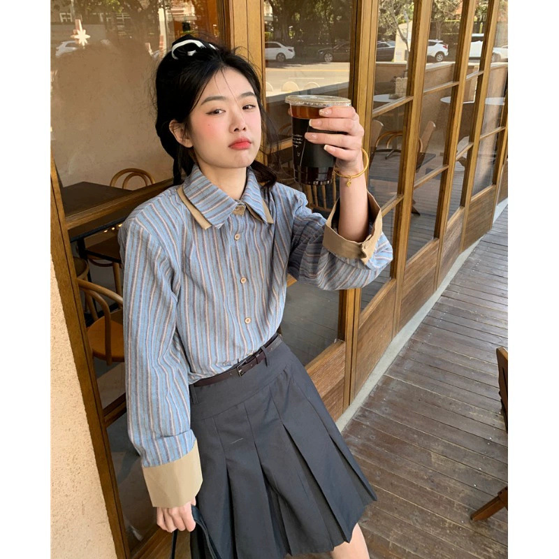 블루 스트라이프 긴팔 셔츠 여성 학생 가을과 겨울 디자인 센스 작은 프랑스 세련된 하이 엔드 센스 탑 옷