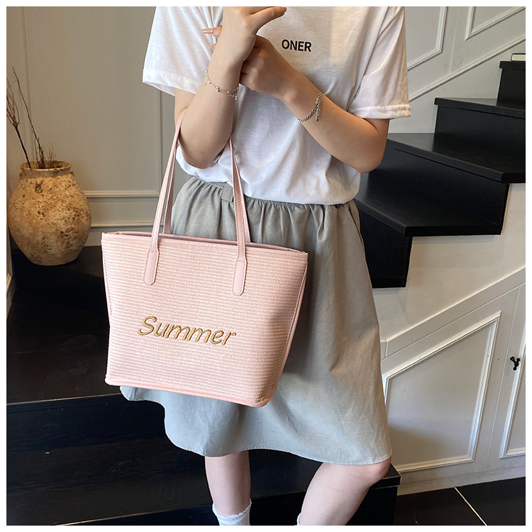 Straw woven letter large-capacity bag 2025 single-shoulder large bag for women, new beach woven summer Korean-style tote bag undefined
