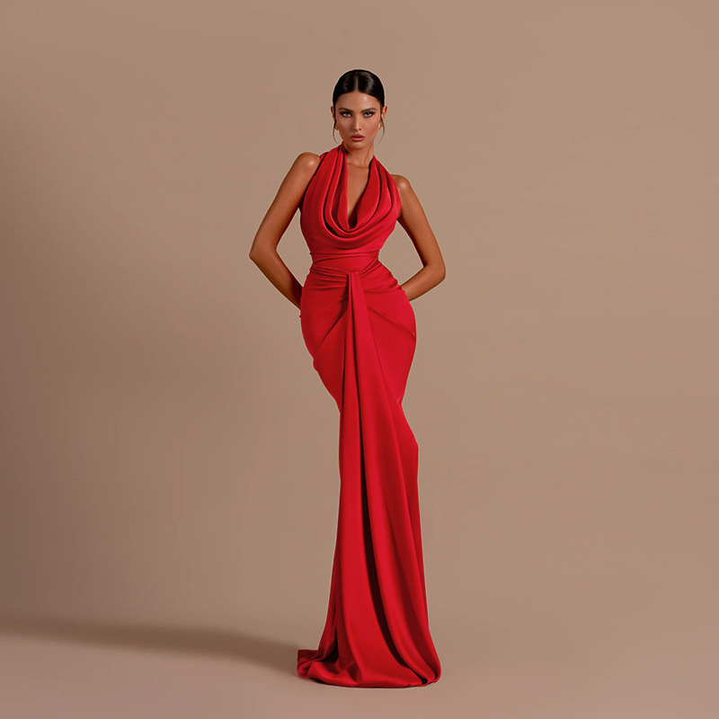 Yj25105 Sexy Backless Halter Neck Satin Dress Women's Ins European and American Cross-Border New Long Dress