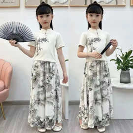 女童新款国风水墨画套装2024新中式短袖洋气百搭网红时髦两件套潮