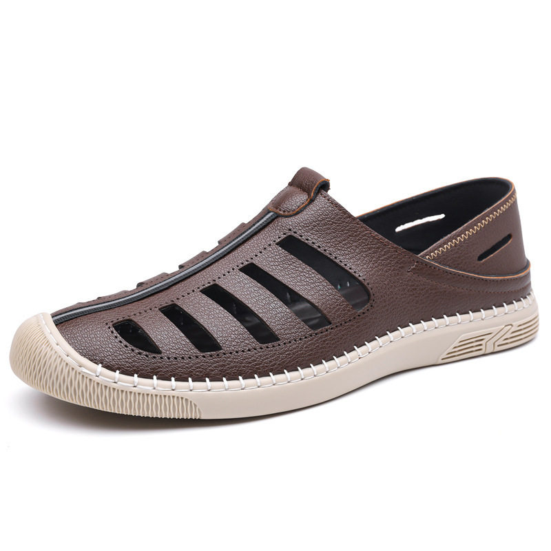 Giày lười sandal nam thoáng khí khoét lỗ, mũi tròn, đế cao su chống trượt — Màu nâu, màu đen
