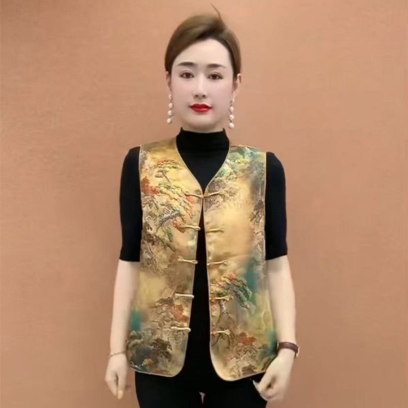 中式国风气质马甲时尚复古提花坎肩背心盘扣女装新款妈妈无袖上衣|undefined