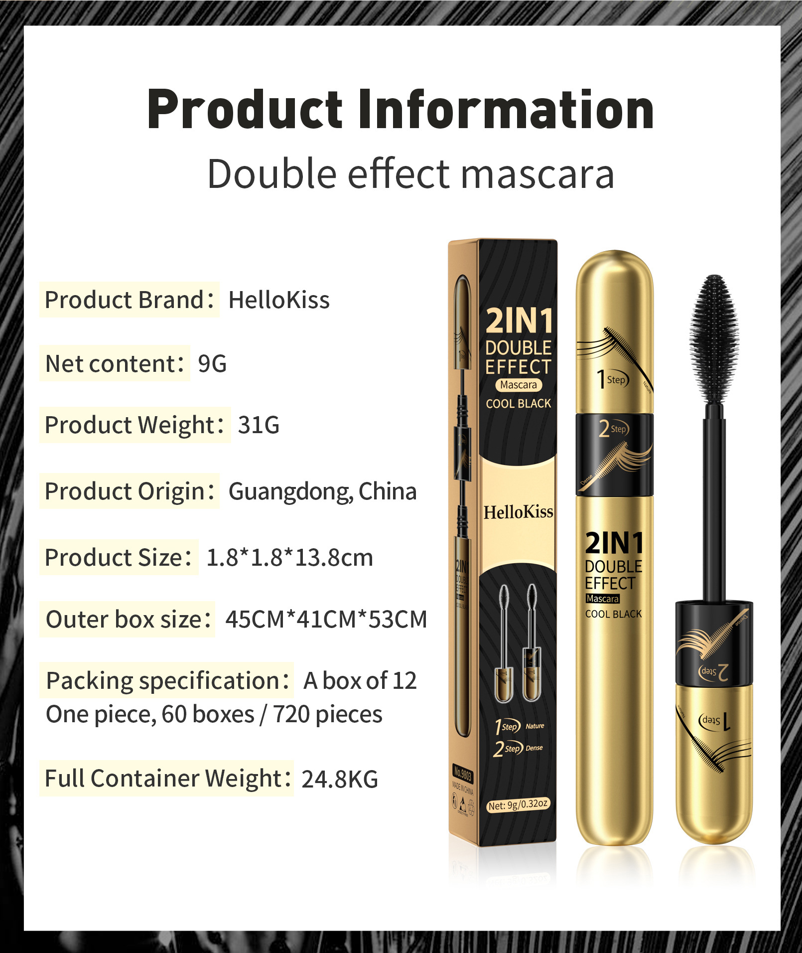 HelloKiss Natural, Slender, sweat-resistant, non-smudge mascara, Thick and curling Dual-effect Mascara, Cross-border makeup Specification drawing