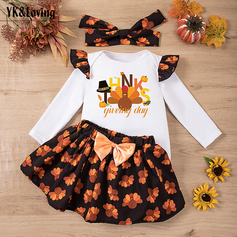 Cross-Border Children's Clothing Wholesale New Thanksgiving Baby Party Dress Flying Sleeve Satin Turkey Skirt Suit