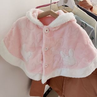 Winter Single-Breasted Solid Color Embossed Coral Fleece Cute One-Size Hooded Cardigan Cape for Girls