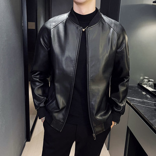 6601 8911 European Size Autum New Leather Jacket Men's Korean Style Slim Trendy Baseball Collar Pu Leather Jacket High-End