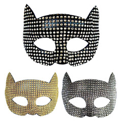 2023 New Fashion Rhinestone-Adorned European & American Style Halloween Cosplay Gold, Silver, and Black Glittering Cat Mask for Cross-Border Purchase